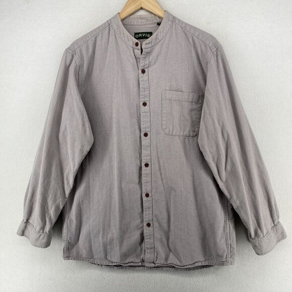 ORVIS Shirt Mens M Flannel Button Up Mandarin Collar Long Sleeve Gray Cotton - Picture 1 of 13